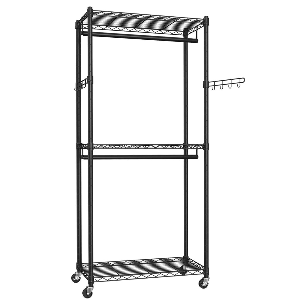 Double Rail Garment Rack with Shelves and Wheels