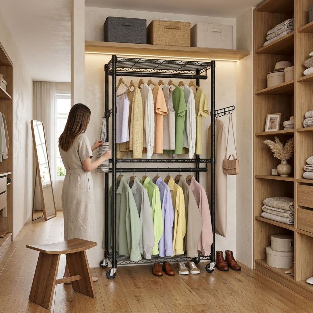 Double Rail Garment Rack with Shelves and Wheels