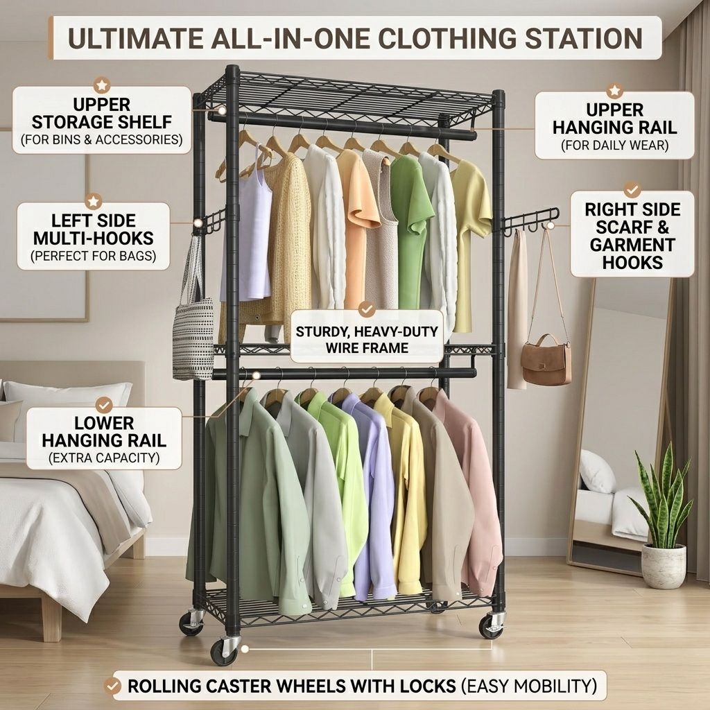 Double Rail Garment Rack with Shelves and Wheels