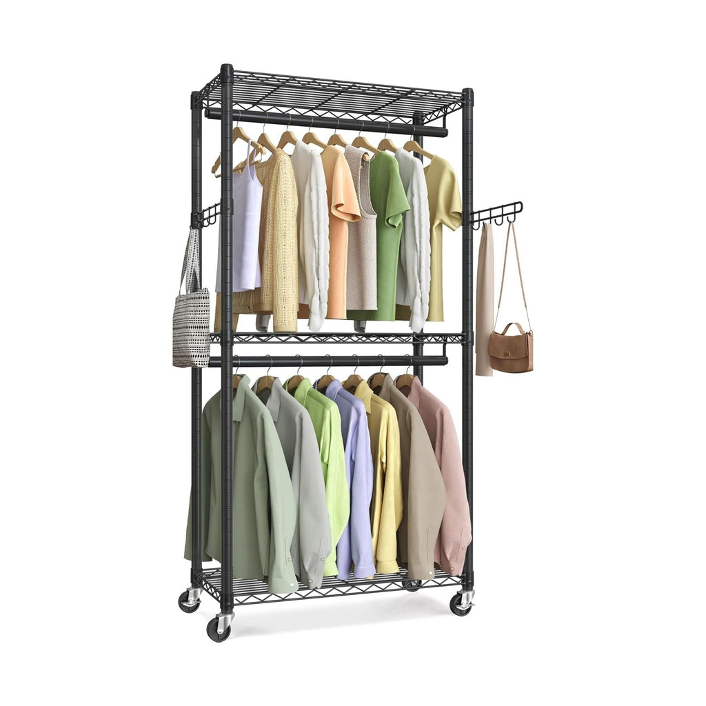 Double Rail Garment Rack with Shelves and Wheels