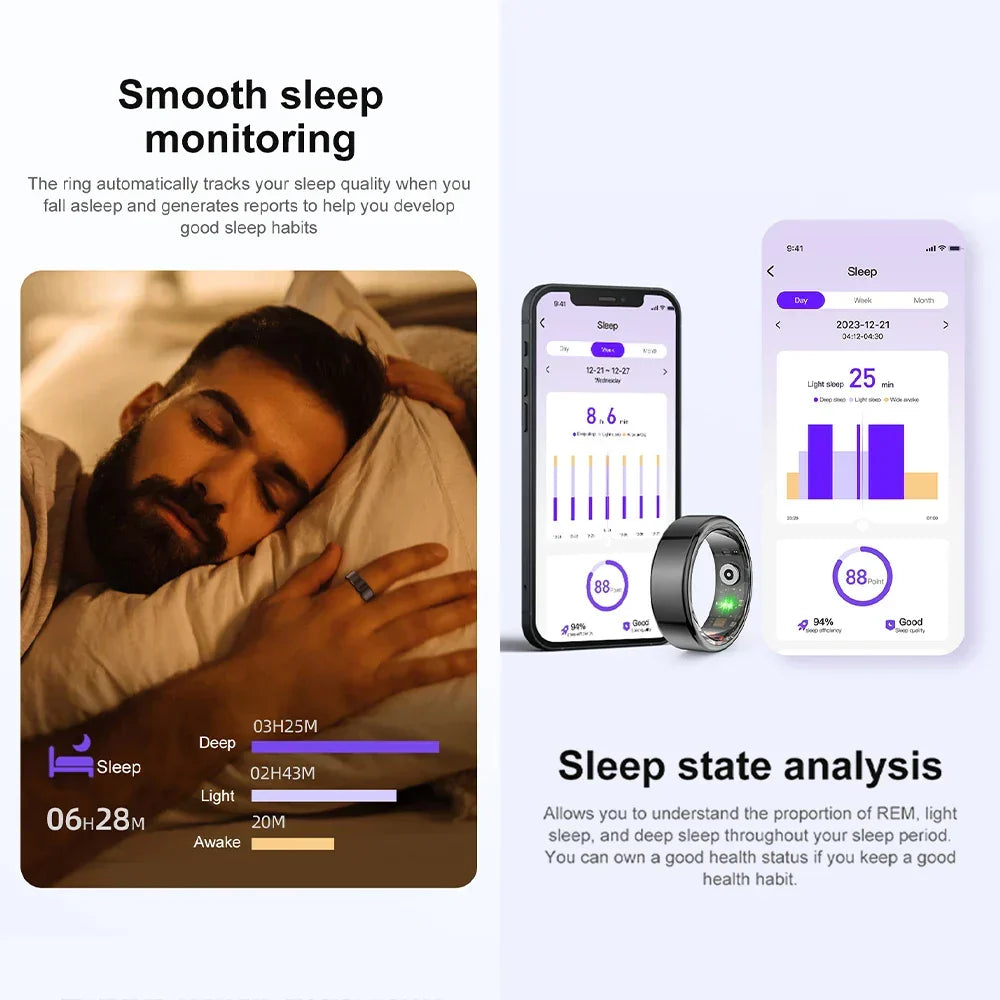 NNEOBA Titanium Steel Smart Ring with Health Monitoring, IP68 Waterproof, and Multi-sport Modes