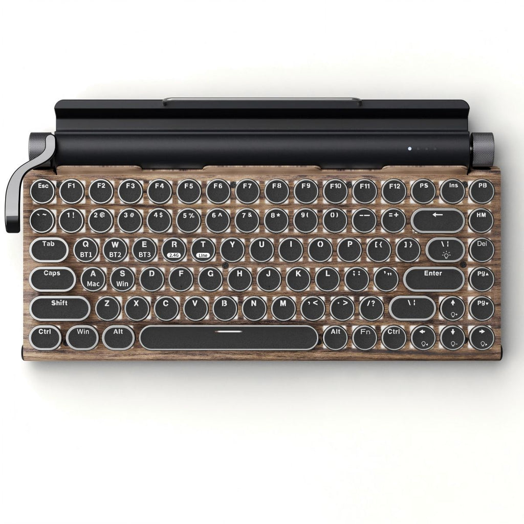 83-Key Typewriter-Style Mechanical Keyboard ‚Äì Bluetooth, Hot-Swappable Blue Switches, White Backlight, Wood Grain