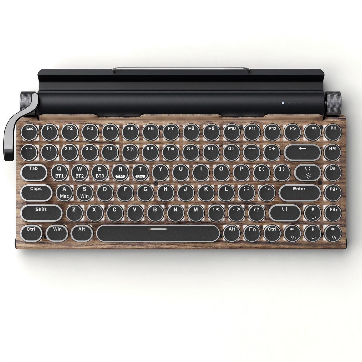 83-Key Typewriter-Style Mechanical Keyboard ‚Äì Bluetooth, Hot-Swappable Blue Switches, White Backlight, Wood Grain
