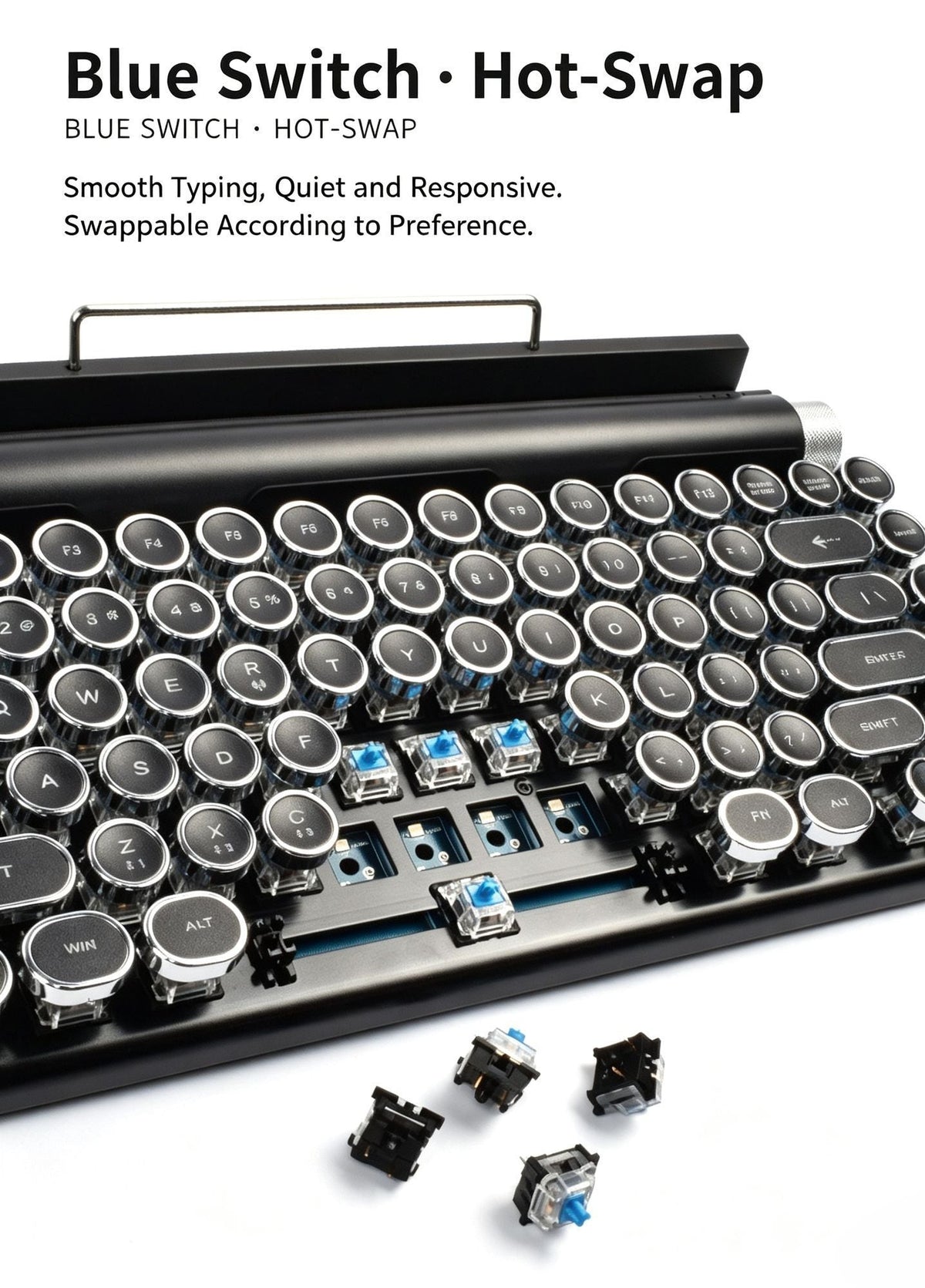 83-Key Typewriter-Style Mechanical Keyboard ‚Äì Bluetooth, Hot-Swappable Blue Switches, White Backlight, Wood Grain
